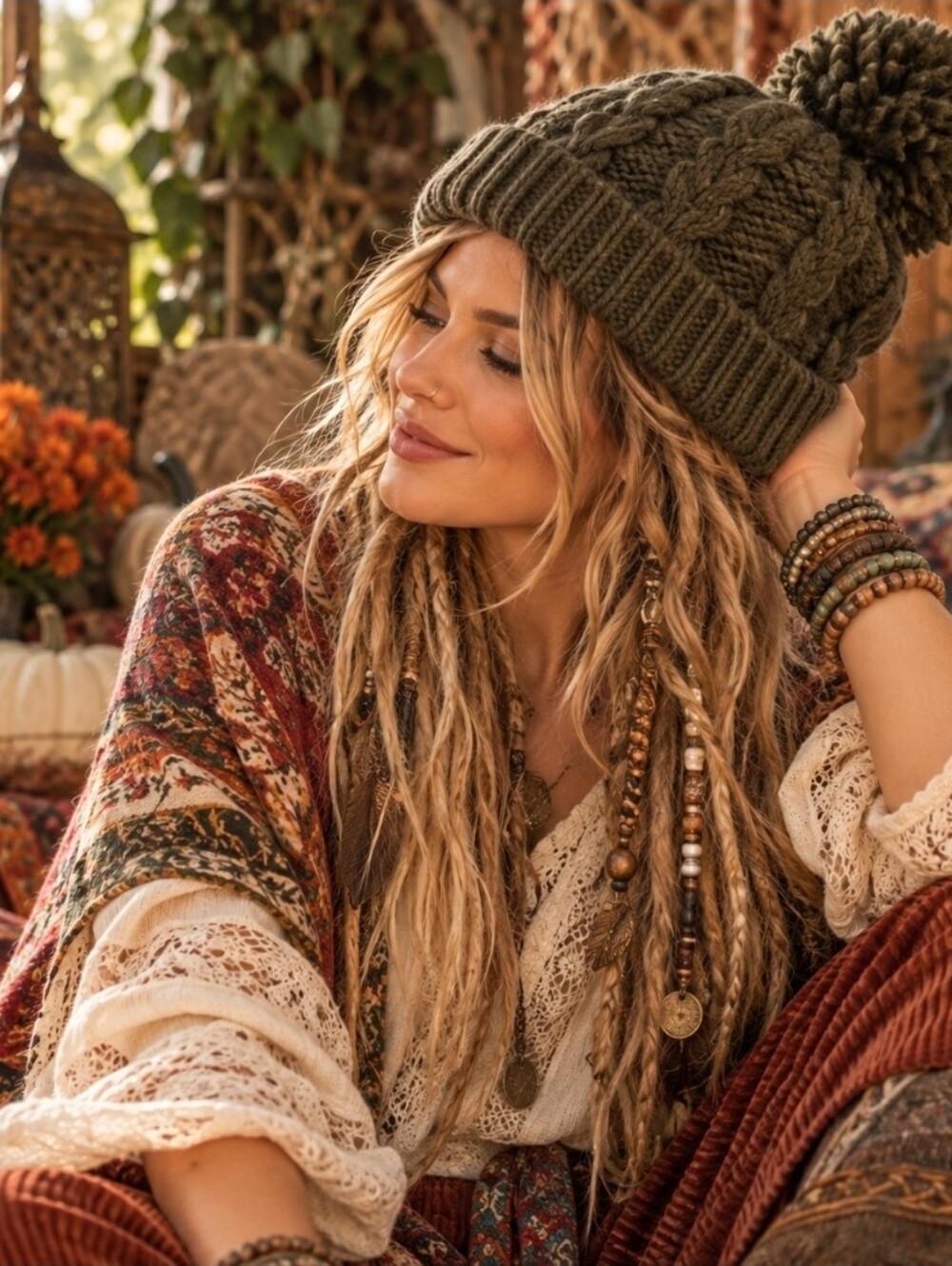 4/$15 Olive Green Cable Knit Pom Pom Beanie Boho Cottagecore Forestcore Granola